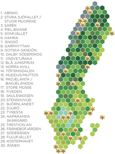 Figure 1. This is a map of the geographical locations of Sweden’s national parks. The golden stars with the numbers point out the parks’ geographical locations. This map has been designed by the Swedish Environmental Agency and is used for marketing purposes (SEPA, Citation2023).