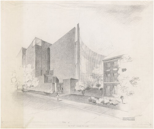 Figure 7. Mitchell/Giurgola Architects, AIA Headquarters, Washington, DC. Perspective Sketch along 18th Street showing the winning competition entry. Old, new, landscape, city and street elements were collectively framed in an urban ensemble or “fragment.” Source: Mitchell/Giurgola Collections, The Architectural Archives, University of Pennsylvania (collection 015).