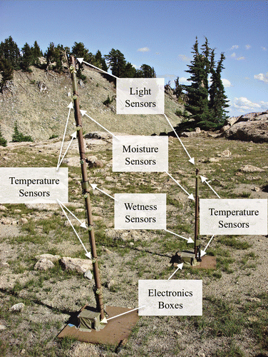 Figure 3 Instrumentation at Lassen field site. Not pictured are the collection bucket and tipping rain gauge, or the camera overlooking the site. The post in the foreground is approximately 2 m tall and the shorter post in the background is approximately 1 m tall.