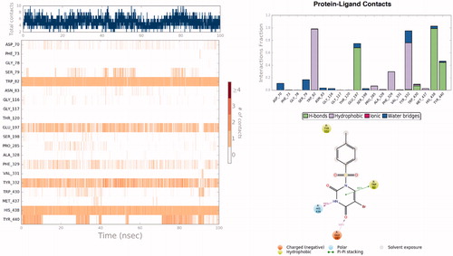 Figure 5. Timeline representation of the interactions and contacts throughout the MD simulations of 4 at the binding pocket of BuChE. Protein-ligand interactions are monitored throughout the MD simulations. These interactions are categorised into four types: Hydrogen Bonds, Hydrophobic, Ionic, and Water Bridge. Interactions that occur more than 30.0% of the simulation time in the selected trajectory are shown in 2D interaction diagram.