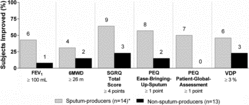 Figure 3.  Clinically relevant post-oPEP improvements. Values = n improved ≥ minimum-clinically important-difference (FEV1, 6MWD, SGRQ Total Score), smallest detectable difference (VDP) or 1-point score improvement (PEQ). FEV1, forced expiratory volume in 1 second; 6MWD, 6-minute walk distance; SGRQ, St. George's Respiratory Questionnaire total score; PEQ, Patient Evaluation Questionnaire; VDP, ventilation defect percent; * n = 13 for 6MWD and VDP.