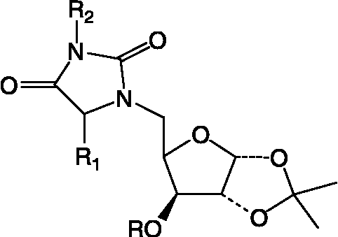 Figure 5 Structure of glycosyl hydantoin (34); R = CH2Ph, R1 = Leucine, R2 = 3-Acetyl Ph.