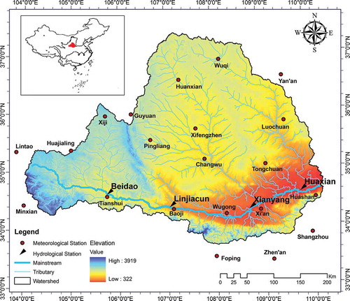 Figure 1. Location of the study region and hydrological and meteorological stations in the Wei River basin.