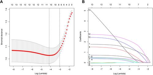 Figure 2 Clinical and ultrasonic characteristics were screened by LASSO regression analysis. (A) Optimization parameters (lambda) of the LASSO model were obtained via 10-fold cross-validation. Dotted vertical lines were drawn at the optimal values based on the minimum criteria and the one standard error of the minimum criteria (B) The LASSO coefficient profiles of the 13 features. A coefficient profile plot was produced against the log(lambda) sequence.