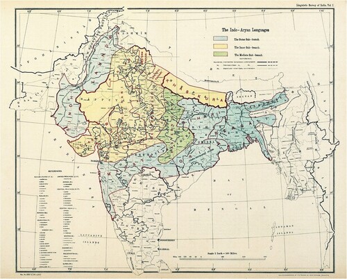 Fig. 1. ‘The Indo-Aryan Languages’, in George A. Grierson, ed., Linguistic Survey of India, vol. 1:1, Introductory (Calcutta, 1927), folded, facing p. 119. Scale 1 inch = 160 miles. 36 × 54 cm. The Outer Sub-branch is in blue, the Inner Sub-branch in yellow and the Mediate Sub-branch in green. (Courtesy of the Digital South Asia Library, University of Chicago.)