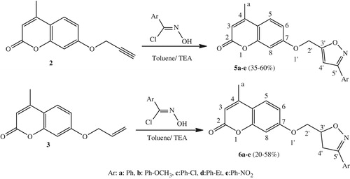 Scheme 3. Synthetic route of isoxazoles 5a–e and isoxazolines 6a–e.