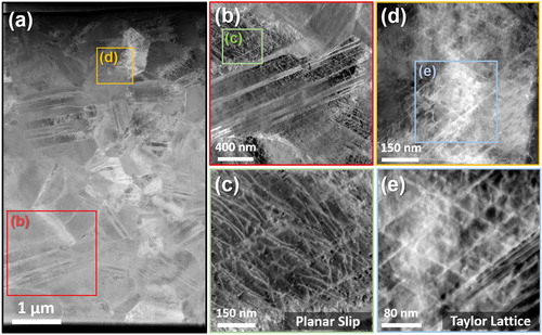 Figure 3. (a) STEM micrographs for deformed microstructure of UFG VCoNi alloy. (b) High angle annular dark-field (HAADF) micrograph indicating planar slip of massive dislocation walls near GBs. (c) The magnified image for the region enclosed in the green box in (b). (d) HAADF micrograph presenting the nano-sized dislocation substructure formed by intersections of non-coplanar slip walls. (e) The magnified micrograph for the region enclosed in the blue box in (d).