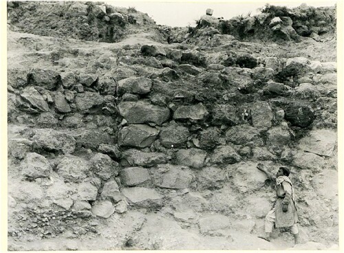 Figure 5. The ‘Revetment’ near the northeast corner of the site as exposed by the First Expedition. Note that the massive wall on the right side of the picture ends in a straight vertical line, indicating its edge (Point 1). To the left there is a poorly built stone wall, that blocked the area further to the south (Point 20). This area had been designated by the First Expedition as a ‘blocking of a gate’ (Tufnell Citation1953, Pl. 11:3) (courtesy of the Wellcome Trust archive, London).