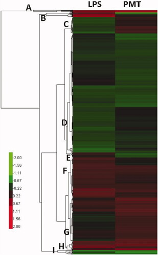 Figure 3. Clustering of differentially expressed proteins. The log2-transformed ratios are shown as a gradient from red to green in which red indicates higher expression and green indicates lower expression. A–I are different clustered subfamilies.