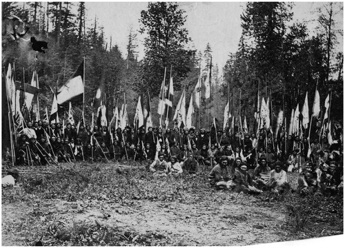 Figure 2. Coast Salish peoples gather in protest of the land reserve reductions on Queen Victoria’s birthday in 1864. (Charles Gentile Early British Columbia Photos, Uno Langmann Family Collection of British Columbia Photographs.)