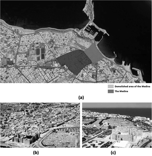 Figure 1. (a) Satellite picture of Monastir with the localization of the demolished area of the Medina; (b) Monastir Medina picture in 1956 before demolition; (c) Monastir picture in 1994 after demolition.