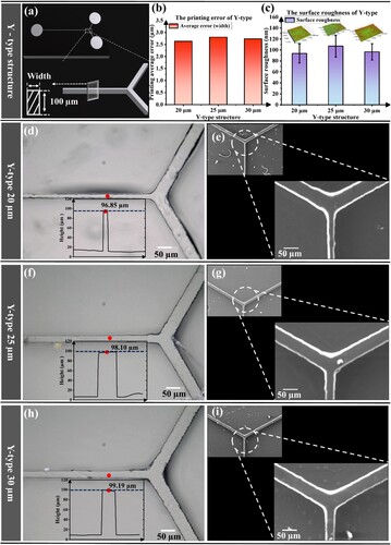 Figure 9. Y-type structure (a) Schematic diagram of the Y-shaped structure. (b) Printing error of different Y-type structures. (c) The surface roughness of different Y-type structures. (d) The height and 2D profile of Y-type 20 µm structure. (e) The SEM image of Y-type 20 µm structure. (f) The height and 2D profile of Y-type 25 µm structure. (g) The SEM image of Y-type 25 µm structure. (h) The height and 2D profile of Y-type 30 µm structure. (i) The SEM image of Y-type 30 µm structure.