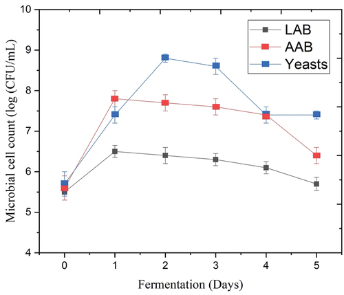 Figure 2. Microbial activity of lactic acid bacteria (LAB), acetic acid bacteria (AAB), and yeasts in the fermenting medium throughout the water kefir fermentation of whey proteins.