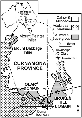 Figure 1 Location of the southern Curnamona Province in northeastern South Australia and western New South Wales. Boxed area shows sample localities ( Figure 5).