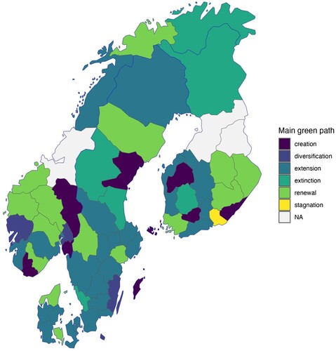 Figure 8. Map of main green path of Nordic regions 2001–2015.Note: Excluding NO0B1, NO0B2 for visualisation purposes. NA (grey areas) indicates the absence of enough patents to meaningfully determine a potential green path.