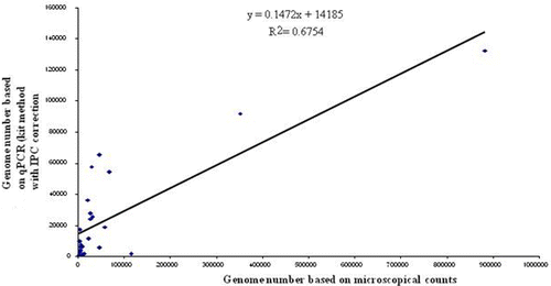 Figure 3.  Correlation between Eimeria species genome numbers estimated by direct microscopy of oocysts and by 5S rDNA qPCR with DNA extracted using the Qiagen DNA Stool Kit method with sample-specific IPC correction factor.