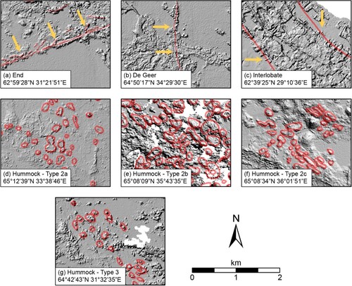 Figure 4. Examples of mapped morainic landforms (red crestlines and outlines) expressed on hillshaded relief images of the ArcticDEM. Orange arrows point toward the ice contact slopes of moraines in the direction of inferred ice flow direction.