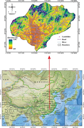 Figure 1. Landslide location map of the Xing Guo area (China map come from National Geographic World Map [ESRI 2010]).