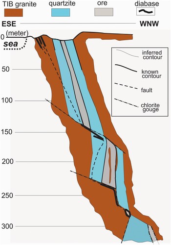 Figure 2. A schematic vertical section, following an ESE-WNW direction, of the Solstad copper ore (modified from Nordenström Citation1876). The vertical and horisontal scales are approximately correct. The ore is cut by several faults, and chlorite gouges are often observed to follow faults and diabase dykes.