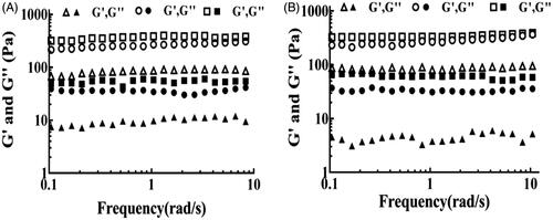 Figure 14. Rheological properties of peptide-EM hydrogels formed from peptide-EM suspensions with different concentration of RADA16-I and RVDV16-I (A) RADA16-I-EM hydrogel; (B) RVDV16-I-EM hydrogel; (▲, △): 3 mg/mL peptide; (●, ^): 5 mg/mL peptide; (■, □): 7 mg/mL peptide; [EM] = 1.0 mg/mL, [RADA16-I] = [RVDV16-I] = 3, 5, 7 mg/mL.