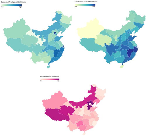 Figure 2. Distribution of regional economic development, construction market scale and local protection in China.