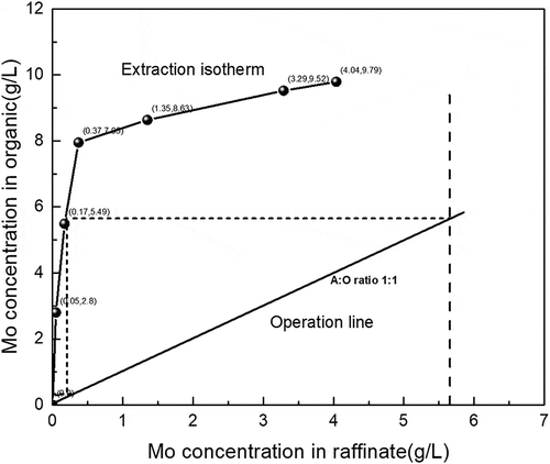 Figure 5. McCabe–Thiele plot for molybdenum extraction with 0.05 mol/L Alamine 336 at initial aqueous pH of 1 and extraction time of 5 min.