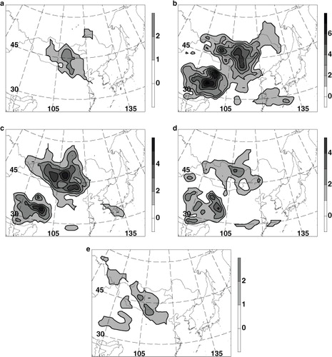 Fig. 11 The composite sensitivity frequency fields for the events that occurred in: (a) February, (b) March, (c) April, (d) May, and (e) December.