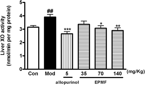 Figure 2.  Effects of methanol extract from Prunus mume fruit (MPMF) on liver xanthine oxidase (XO) activity in mice with potassium oxonate-induced hyperuremia. Data were expressed as the mean ± S.E.M. ##p < 0.01 vs vehicle-control group (Con); *p < 0.05, **p < 0.01 and ***p < 0.001 vs vehicle with potassium oxonate group (Mod).