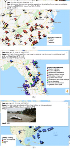 Figure 16. Visualisation of the analytical results on the map. (a) Geotagged tweets with sentiment categories for Hurricane Harvey. (b) Geotagged tweets with humanitarian categories for Hurricane Irma and (c) Geotagged tweets with damage severity categories for Hurricane Maria.