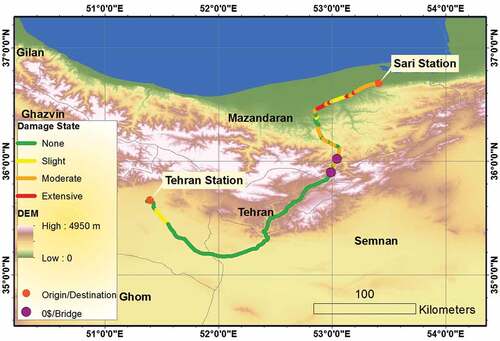 Figure 13. Expected damage state map for the Tehran-Sari railway. The figure shows extensive damages are expected mostly in plain sector where the probability of liquefaction and the shake intensity measure are high.
