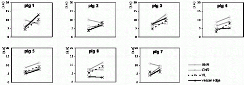 Figure 2. Graphic representation of the correlation between the image parameters. The four image parameters (before and after administration of the contrast agent) are plotted for each animal. It is shown that there is low correlation between the parameters, which supports the simultaneous determination of all four parameters for a complete coronary image quality assessment.
