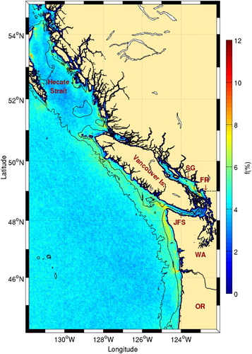 Fig. 20 Details of Vancouver Island and its surroundings from Fig. 17. The 100 and 1000 m isobaths are shown. The locations of Hecate Strait, the Strait of Georgia (SG), the Fraser River (FR), and Juan de Fuca Strait (JFS) are shown along with the states of Washington (WA) and Oregon (OR).