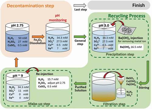 Figure 6. Scheme of the decontamination process of the heat transfer system in the PHWR including recycling process and pH monitoring method.