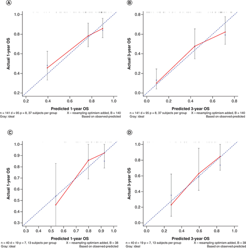 Figure 2. Calibration plot for the overall survival nomograms.(A & B) Calibration curves of nomogram to (A) 1-year overall survival and (B) 3-year overall survival in the training cohort. (C & D) Calibration curves of nomogram to (C) 1-year overall survival and (D) 3-year overall survival in the verification cohort.OS: Overall survival.