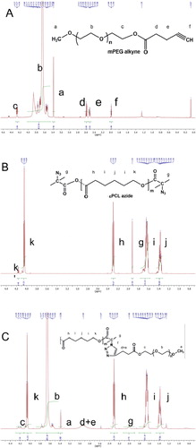 Figure 1. 1H-NMR spectra of PEO113-C≡CH (A), N3-PCL35-N3 (B) and PEO113-b-PCL35-b-PEO113 triblock copolymer (C) in CDCl3.
