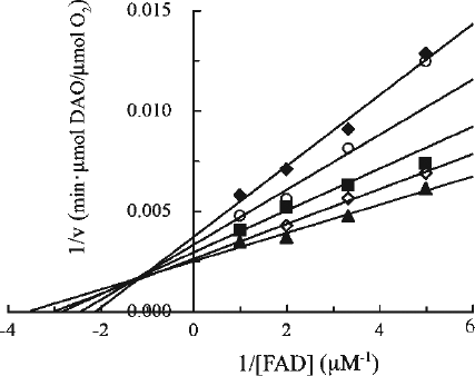 Figure 7.  Kinetic analysis of the effect of Fraction i on DAO. The reaction mixtures were essentially the same as described in the legend to Figure 1. Final Fraction i concentrations were: none (filled triangles), 0.92 μM (open diamonds), 1.5 μM (filled squares), 2.8 μM (open circles), and 3.7 μM (filled diamonds). Assays were carried out at 25°C. The data are representative of three experiments. Data points obtained at 1.5 μM and 2.8 μM of Fraction i in the presence of the lowest concentration of FAD were ignored.