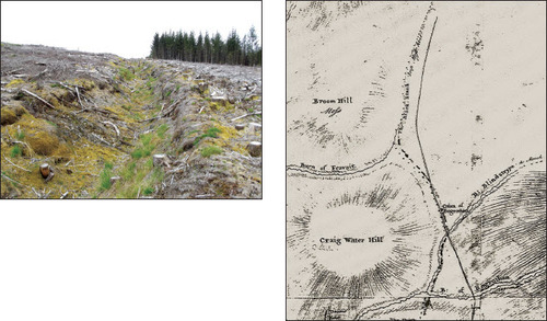 Plate I. Man-made boundary ditch by Craigwater Hill in the Clashindarroch Forest. The ditch is shown as a dashed line on an eighteenth-century estate plan (RHP 2254), linking the Blindstrype to The Black Stank (Reproduced with the kind permission of the National Records of Scotland).