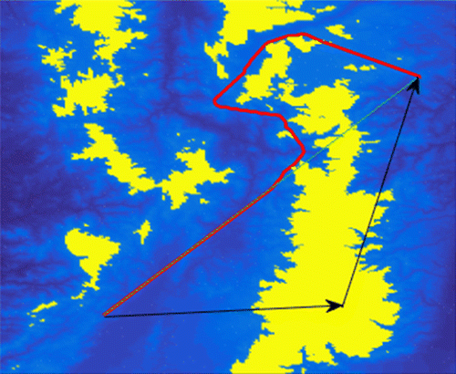 Figure 6. Route 2 analyzed in a contour map.