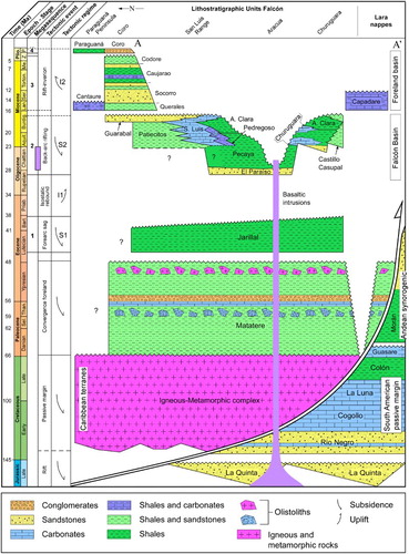 Figure 4. Jurassic to Pliocene lithostratigraphy of the Falcón Basin depicting the major tectonic-induced depositional sequences, the main tectonic events and the tectonic regime.