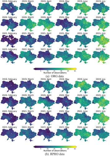 Figure 2. Monthly (from February to July) number of TROPOMI S5P NO2 tropospheric columns observations for Ukraine from 2019 to 2022 using (a) ORG data and (b) RPRO data.