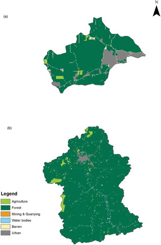 Figure 2. Land-use/land cover map (2012) of catchments (a) 405251 and (b) 410044.