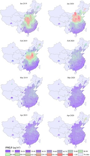 Figure 1. Spatial distribution of PM2.5 concentrations in China, January–April 2019 versus 2020.