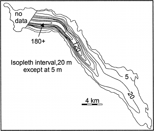 FIGURE 10. Total thickness of sediment in Meziadin Lake determined from sub-bottom acoustic survey