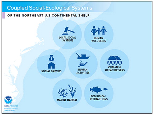 Figure 2. Ecosystem components of the Northeast Continental Shelf, as an illustrative example of the social and ecological linkages and complexities in a marine ecosystem. Credit: Northeast Fisheries Science Center.