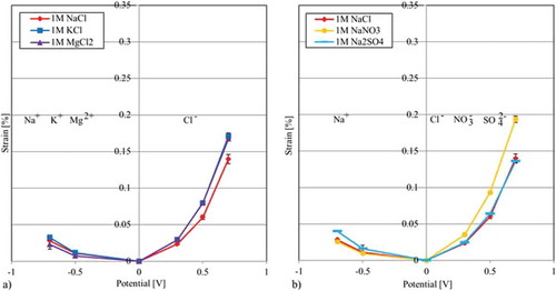 Figure 7. Free strain of different electrolytes using the same CNT paper: (a) Results of the free strain measurements using the same negative ion Cl (b) Results of the free strain measurements using the same positive Na ion.