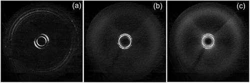 Figure 10. X-ray diffraction patterns for 1,3-bis-(4-(4-(heptyloxy)-phenylcarbonyloxy)phenyl)propane-1,3-dione. (a) the diffraction pattern for the crystal form, (b) the pattern for the B1 phase at 144°C, and (c) the pattern near to the transition from the liquid at a temperature of 157°C. Since the B1 phase is monotropic all experiments were performed on cooling from the liquid.