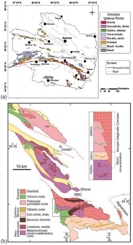 Figure 1. (a) The Khaf-Kashmar-Bardskan Volcano-Plutonic Belt and Doruneh fault (Malekzadeh Shafaroudi et al., Citation2013); and (b) geological map of the study area and Sangan Magmatic Complex (modified after 1:250,000 geological map of Taybad, Geological Survey of Iran) (Sepidbar et al., Citation2018).