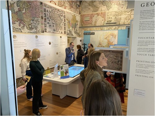 Fig. 9. The Geo Zone: This room highlights the cartographic collections at the Allard Pierson. For the exhibition, the Allard Pierson staff developed an interactive and modern cartographic presentation, in cooperation with Noordhoff, the publisher of the ‘Bosatlas.'