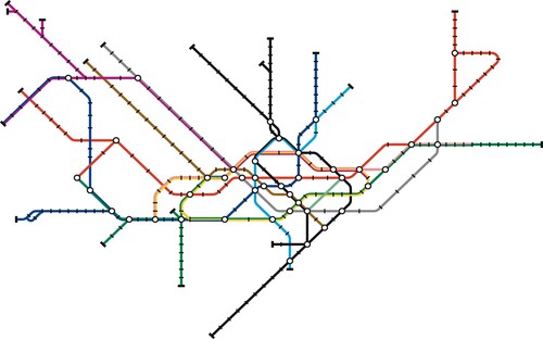Figure 11. A schematic showing the eleven lines of the London Underground network, courtesy of Martin Nöllenburg and Soeren Terziadis. This was generated entirely automatically based on the geographical locations of the stations, a list of stations on each line and a predefined set of optimization criteria. The algorithm, developed by Martin Nöllenburg and Alexander Wolff, which was used to compute the diagram, did not take into account station label placement. Algorithms exist which perform this either while configuring the lines, or as a post-processing step, but these are only practical for smaller networks: This task remains challenging for automated approaches owing to the complexity of the London tube map.