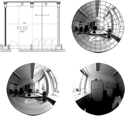 Fig. 9. Scenario: (Top left) Setup with floor plan, (bottom) two fisheye pictures of opposite hemispheres, and (top right) subdivision of one hemisphere.